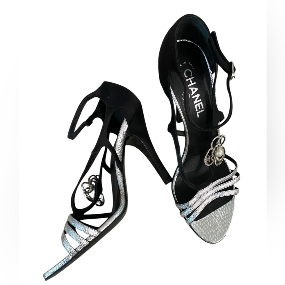 CHANEL Black and Silver Strappy Heels